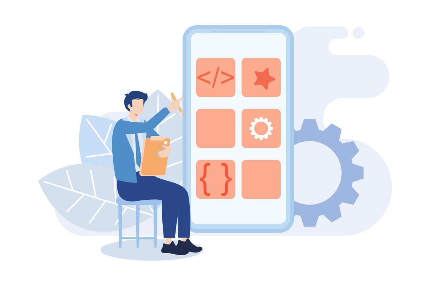 Mobile design and development illustration. Developers prototyping, programming user interface and testing mobile app. UI design and user experience concept. Flat vector illustration