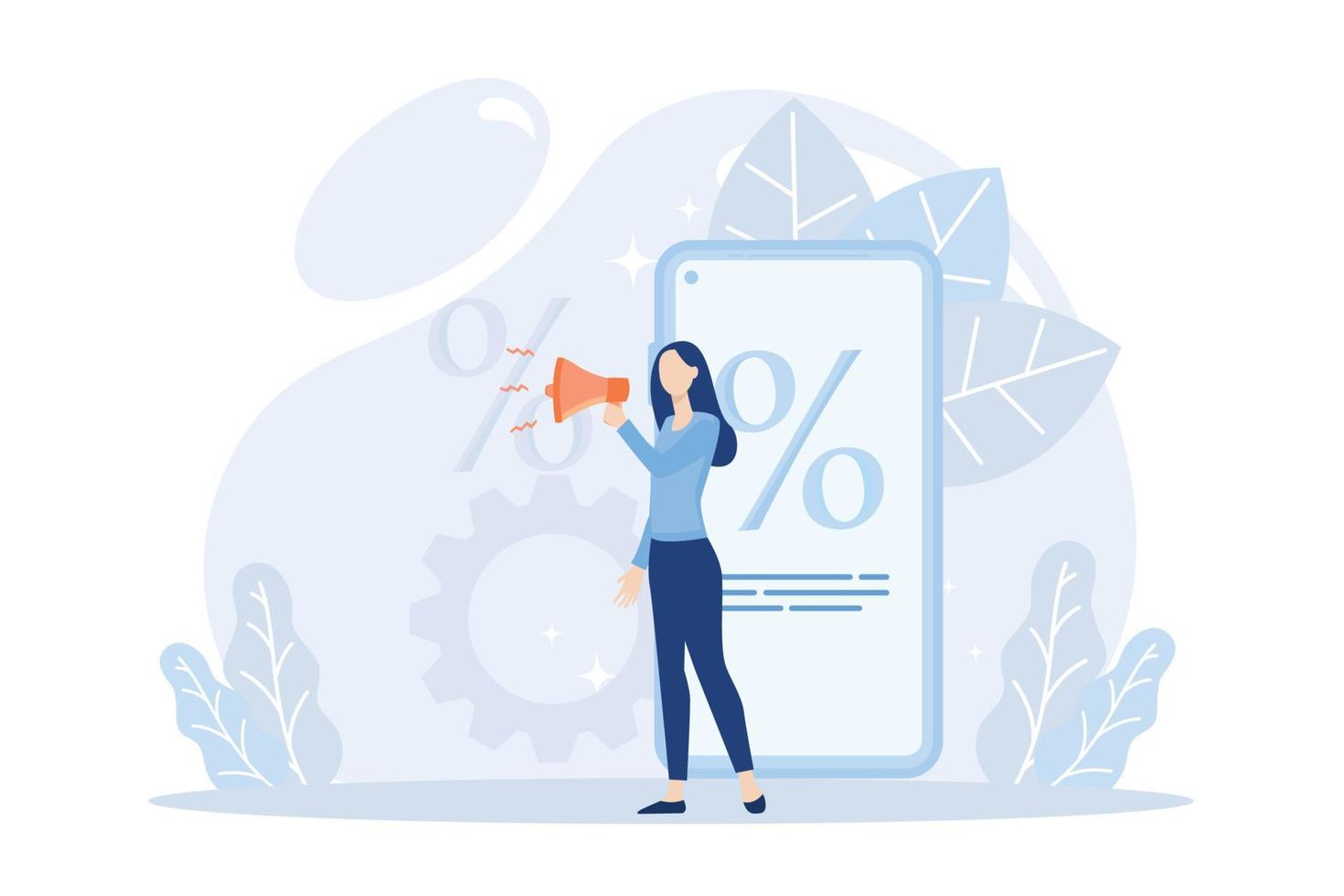 Social media promotion scenes. Characters using big loudspeaker to communicate with audience, sending advertising emails, offering sale and discount. Flat vector modern illustration