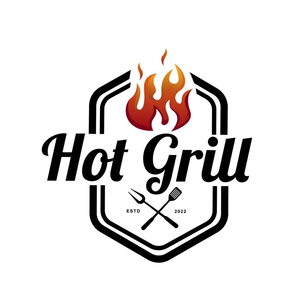 Hot grill vintage logo concept. grill tool with fire flame stamp template. Vector illustration