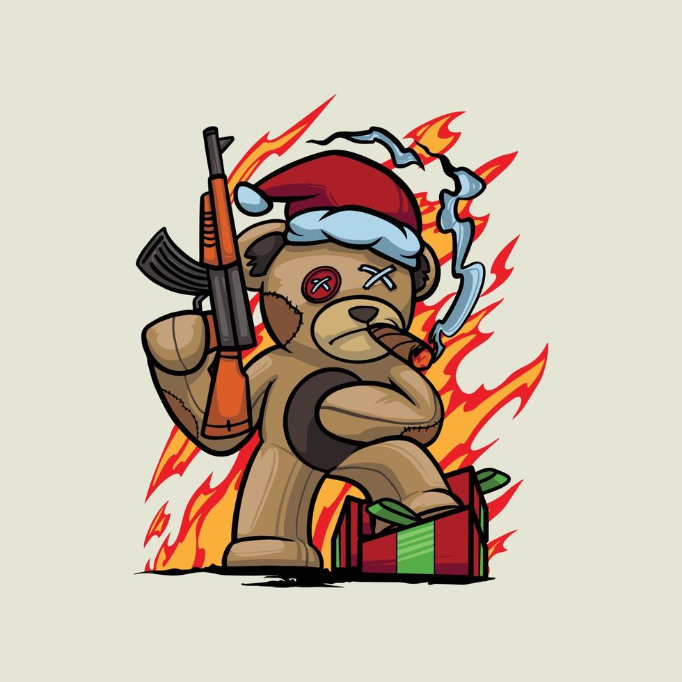 Teddy bear with a gun in his hand. Vector illustration streetwear design