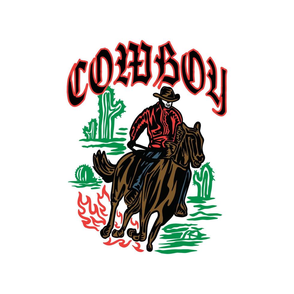 vaquero montando un caballo con un vaquero en un sombrero, ropa de calle de ilustración vectorial para camiseta con capucha vector