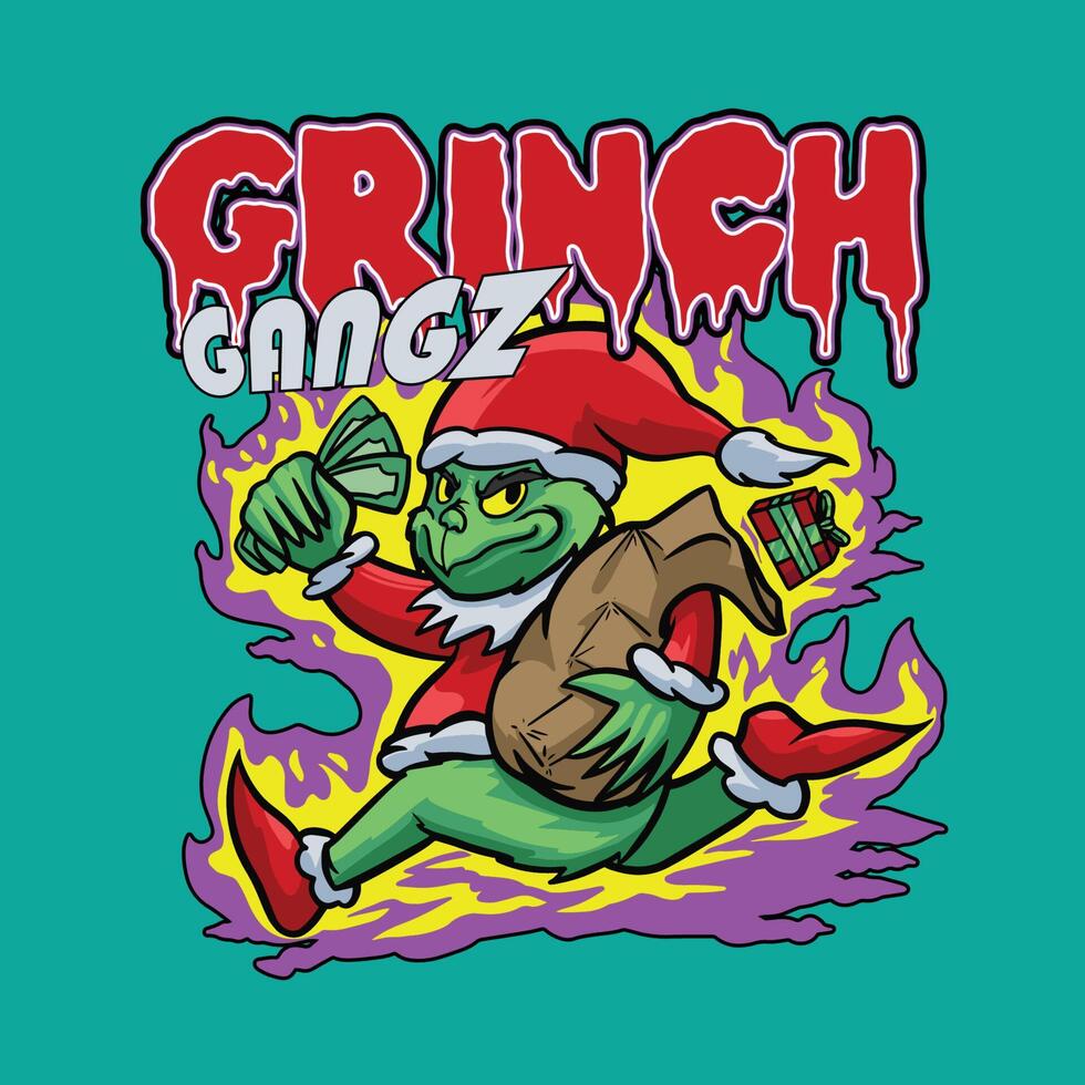 grinch con dinero y presente en la mano. ilustración vectorial para el diseño de ropa de calle vector