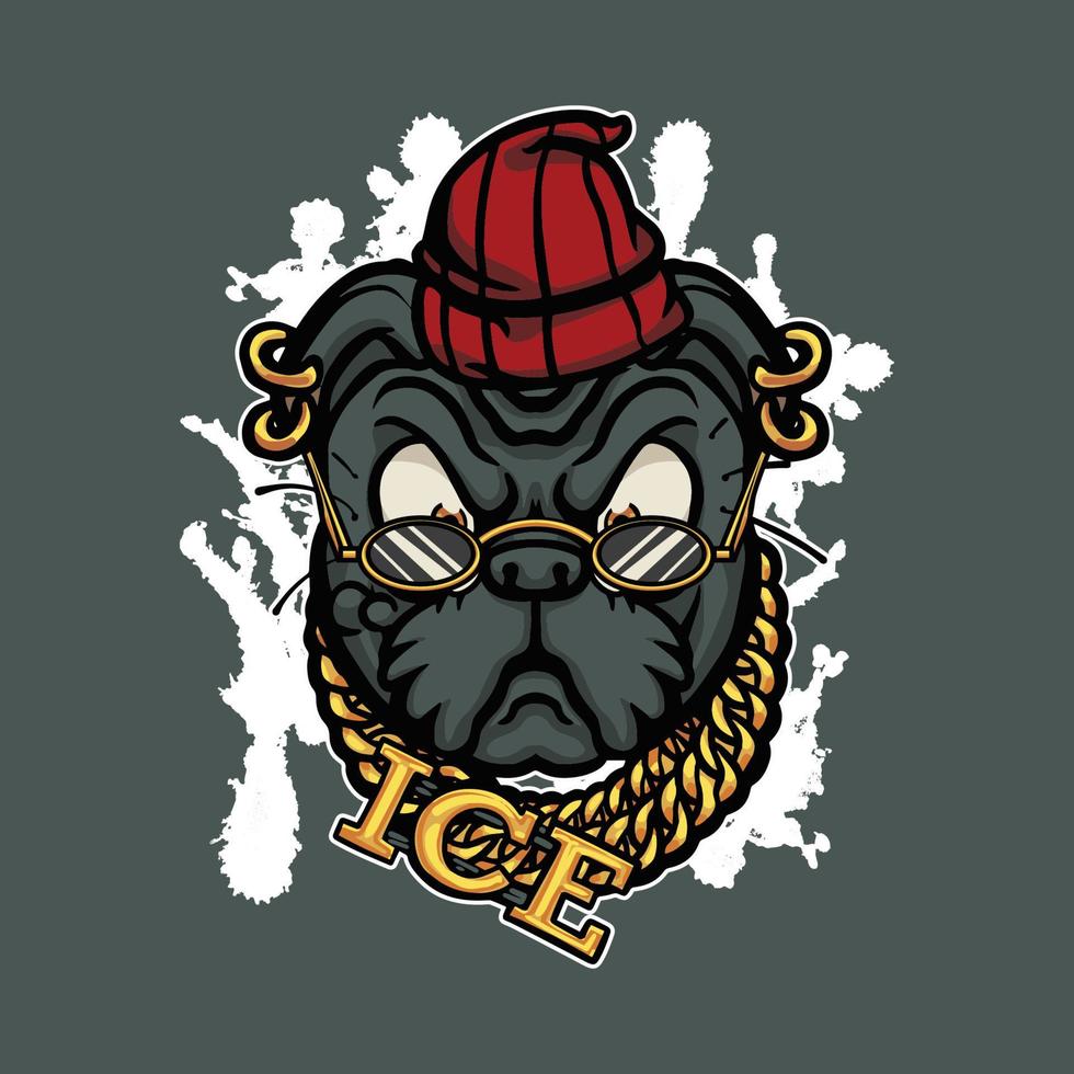 Dog pug with chain, hat and glasses. Vector illustration for your streetwear design