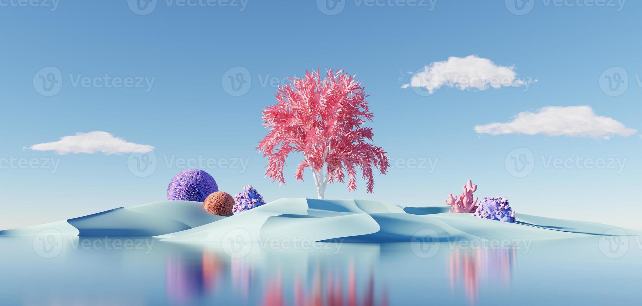 hermoso fondo surrealista de la tierra de los sueños. duna abstracta en paisaje de temporada de invierno con arco geométrico. paisaje de isla de fantasía con agua y cielo nublado natural. Arco de espejo metálico. procesamiento 3d foto