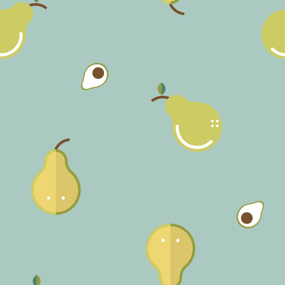 seamless minimal cute, sweet, pastel nature fruit green and yellow pear and sliced avocado with seed repeat pattern in blue background flat vector illustration design