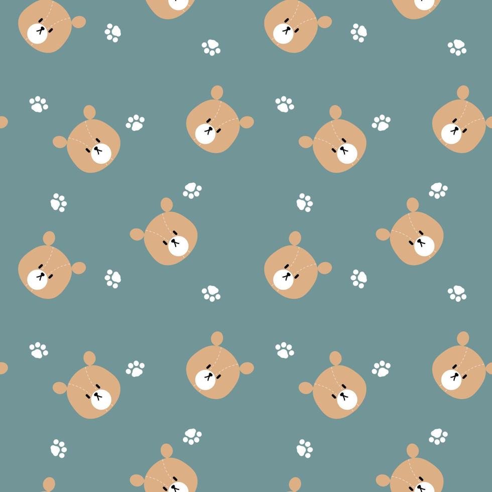 seamless animal wildlife cute teddy bear with paw foot print repeat pattern background, flat vector illustration design character cartoon