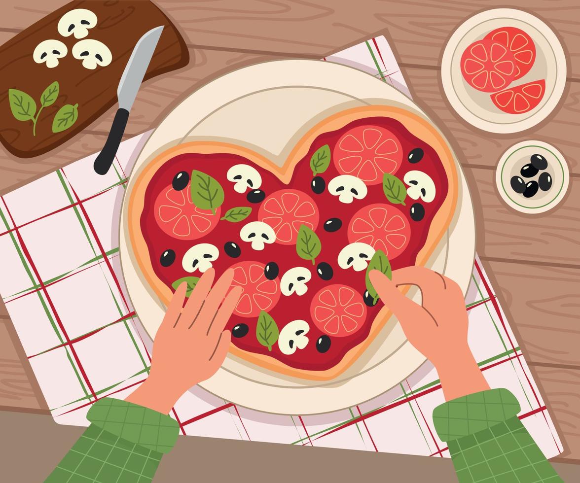 el proceso de cocinar pizza en forma de corazón. vista superior de la mesa en estilo plano. cuchillo y tabla de cortar con verduras, champiñones, tomates, albahaca. cocinando comida. ilustración vectorial vector