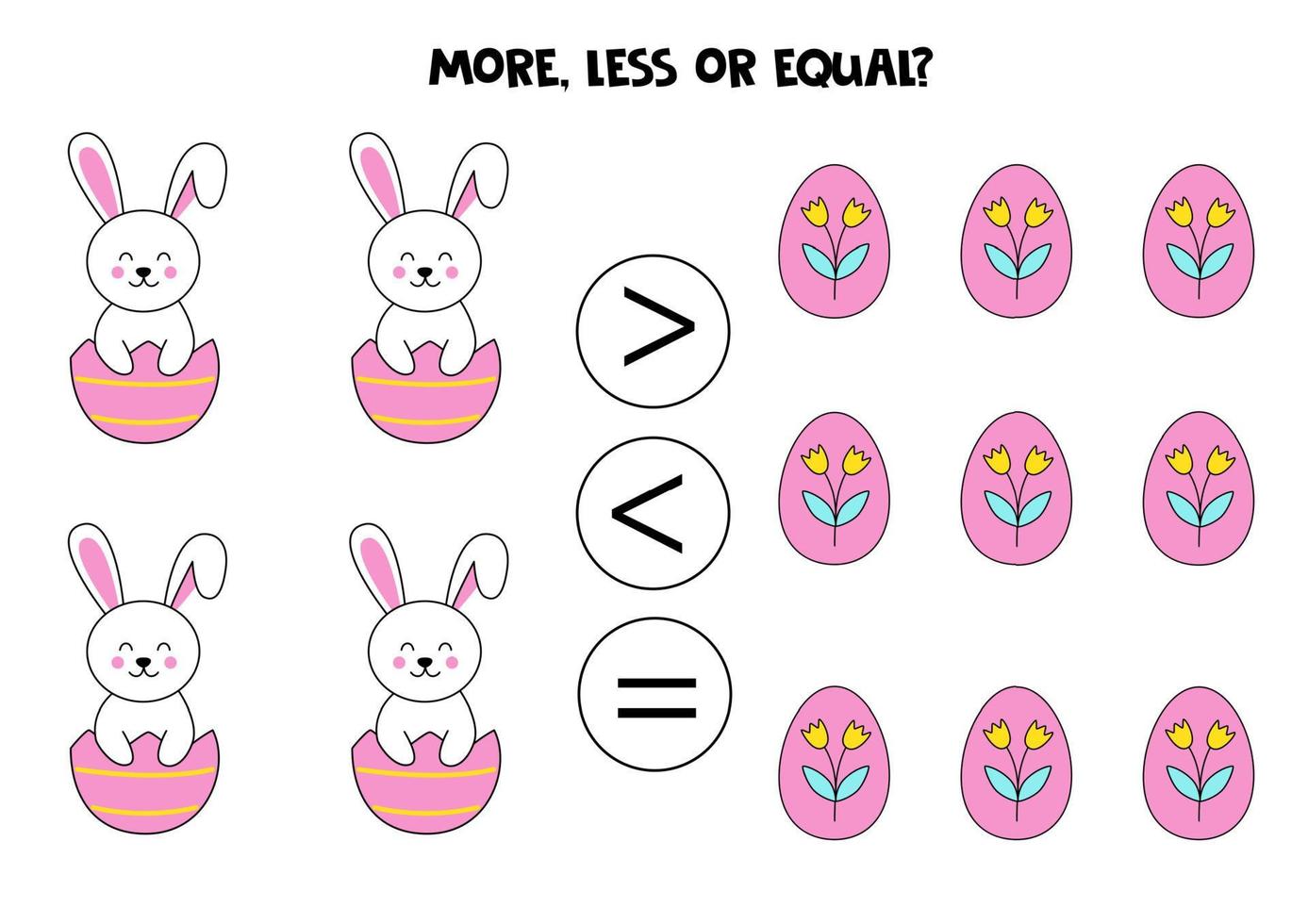 More, less or equal with cartoon Easter bunnies and chicks. vector