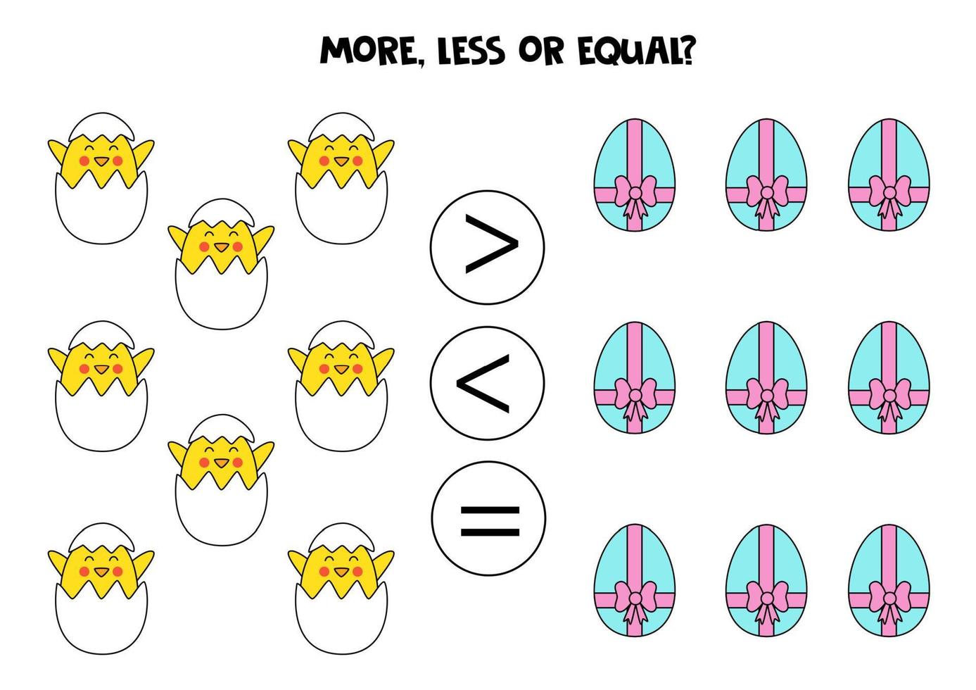 More, less or equal with cartoon Easter eggs and chicks. vector
