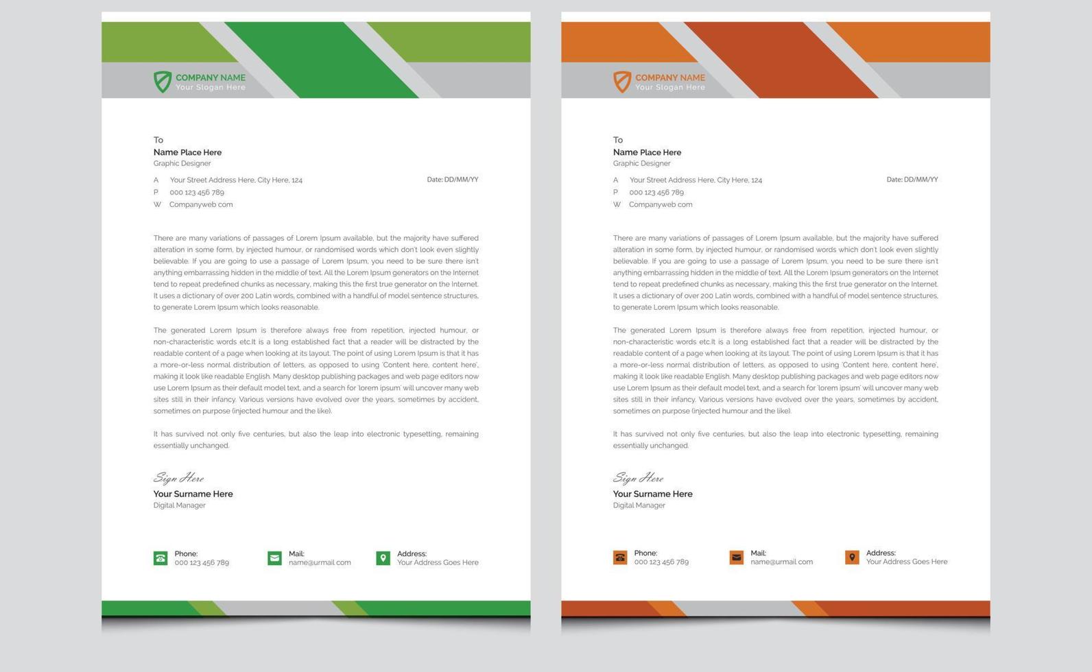 Creative corporate identity simple elegant clean minimalist modern professional company business letterhead template design green orange colors. vector