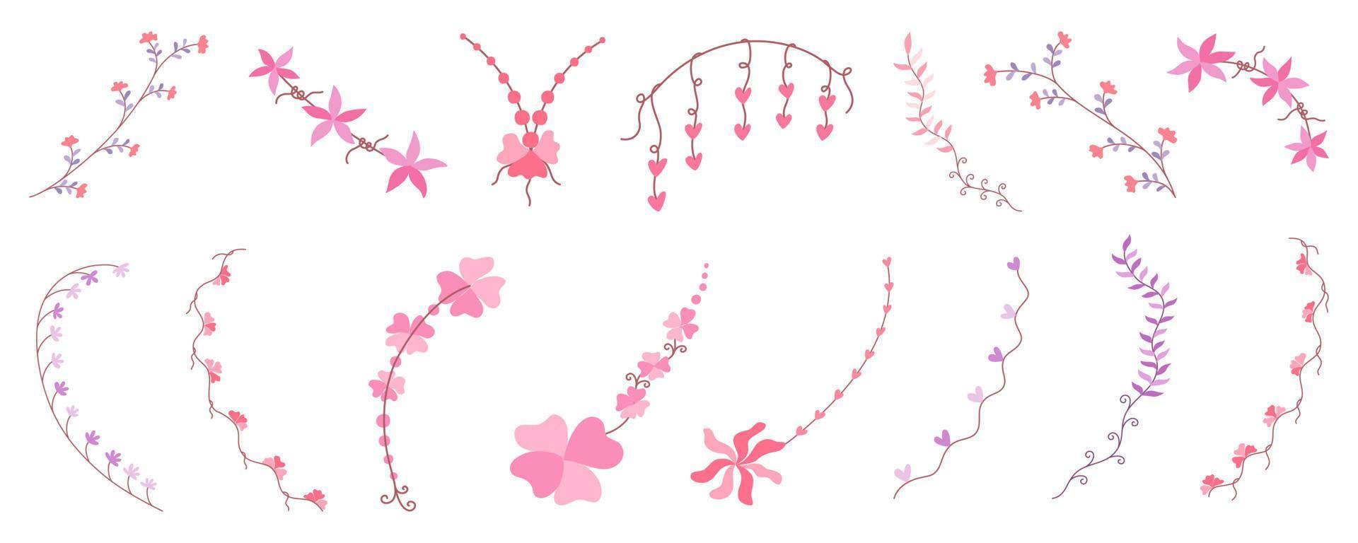 conjunto de elementos florales diseñados en estilo garabato sobre fondo blanco para la decoración de tarjetas, bodas, álbumes de recortes, decoración de papel, impresión digital y más. vector