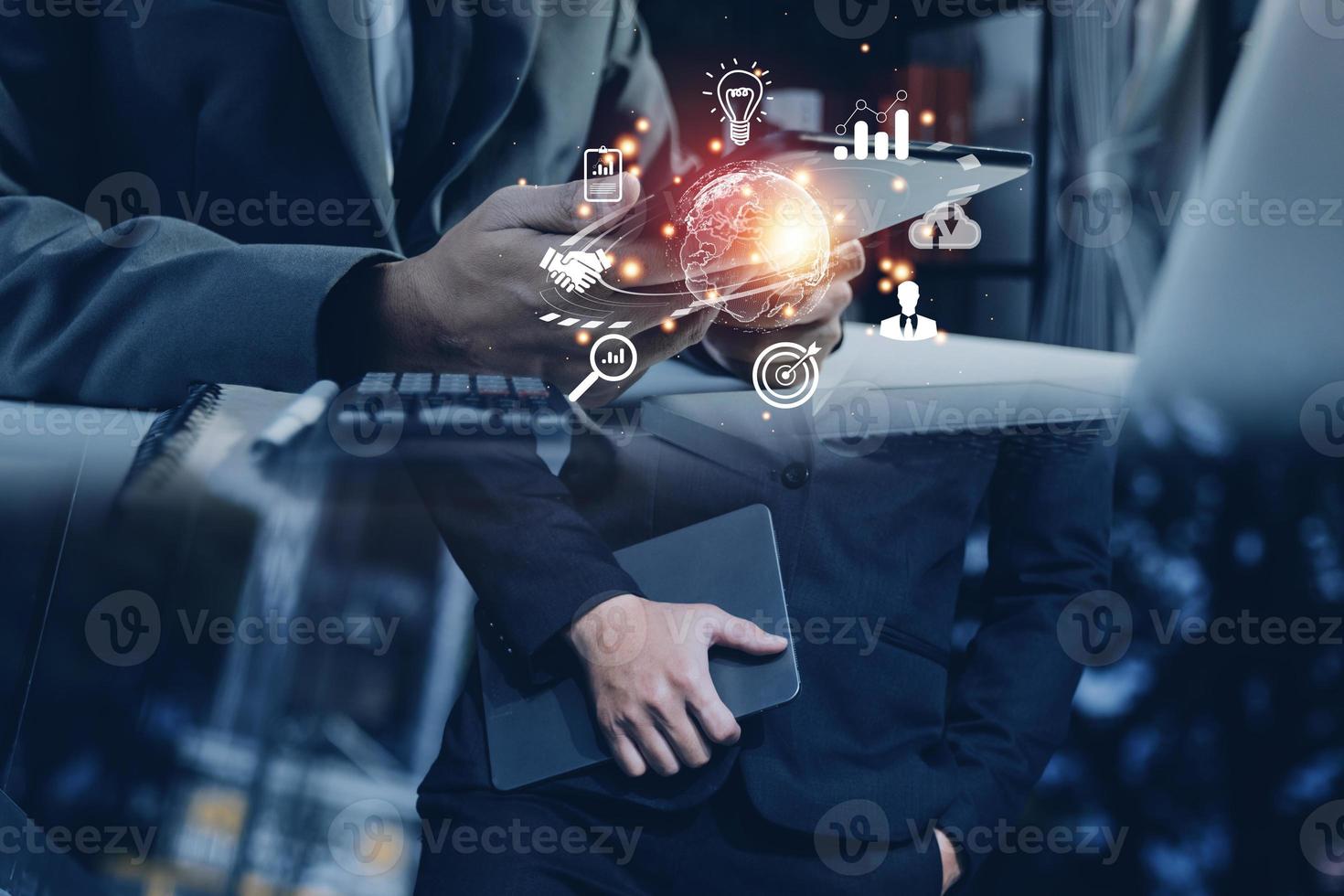 woman Hand holding virtual Global Internet connection metaverse. Business global internet connection application technology and digital marketing, Financial and banking, Digital link tech, big data. photo