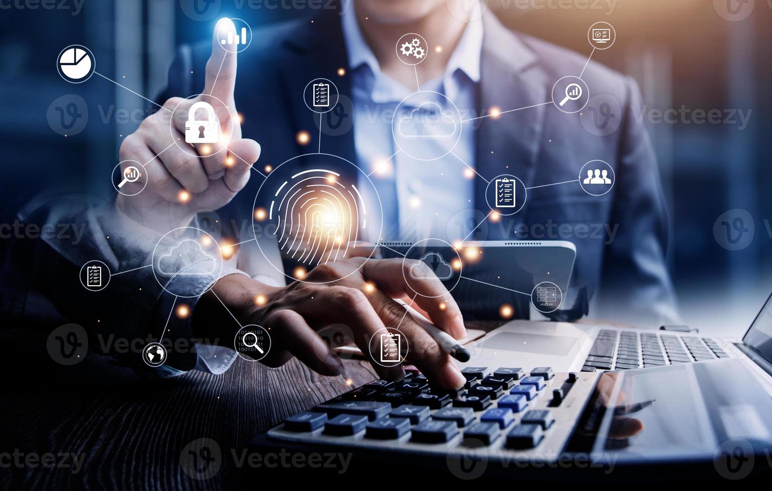 businessmen Fingerprint scanning and biometric authentication, processing of biometric for access personal data. surveillance and security scanning of digital programs cyber futuristic applications photo