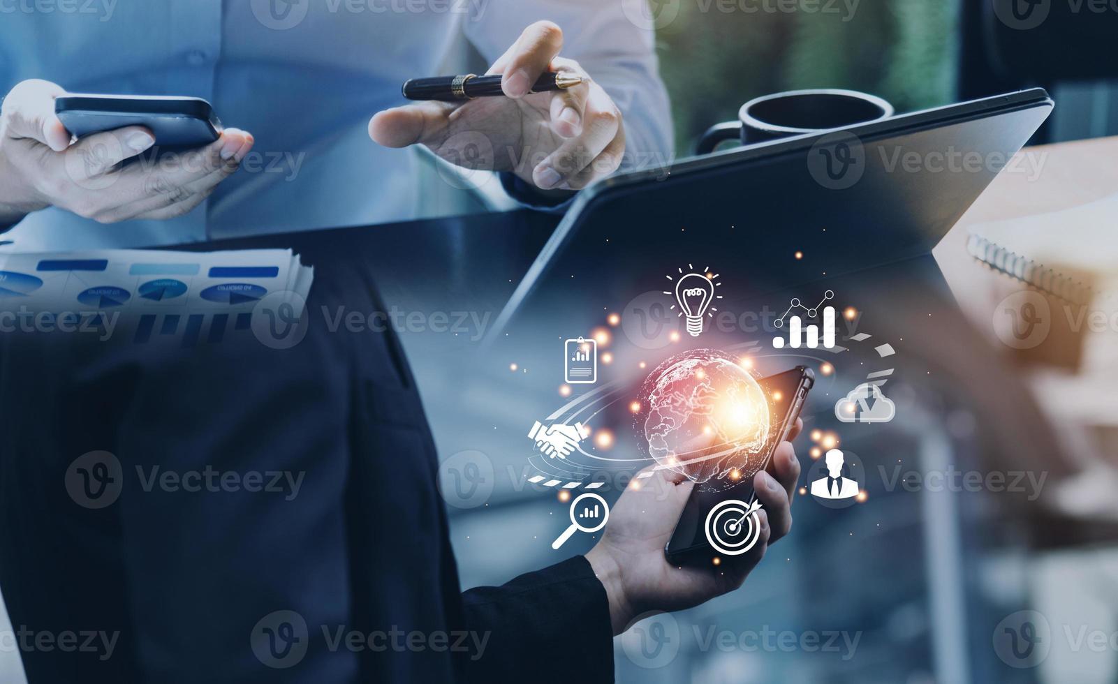 woman Hand holding virtual Global Internet connection metaverse. Business global internet connection application technology and digital marketing, Financial and banking, Digital link tech, big data. photo