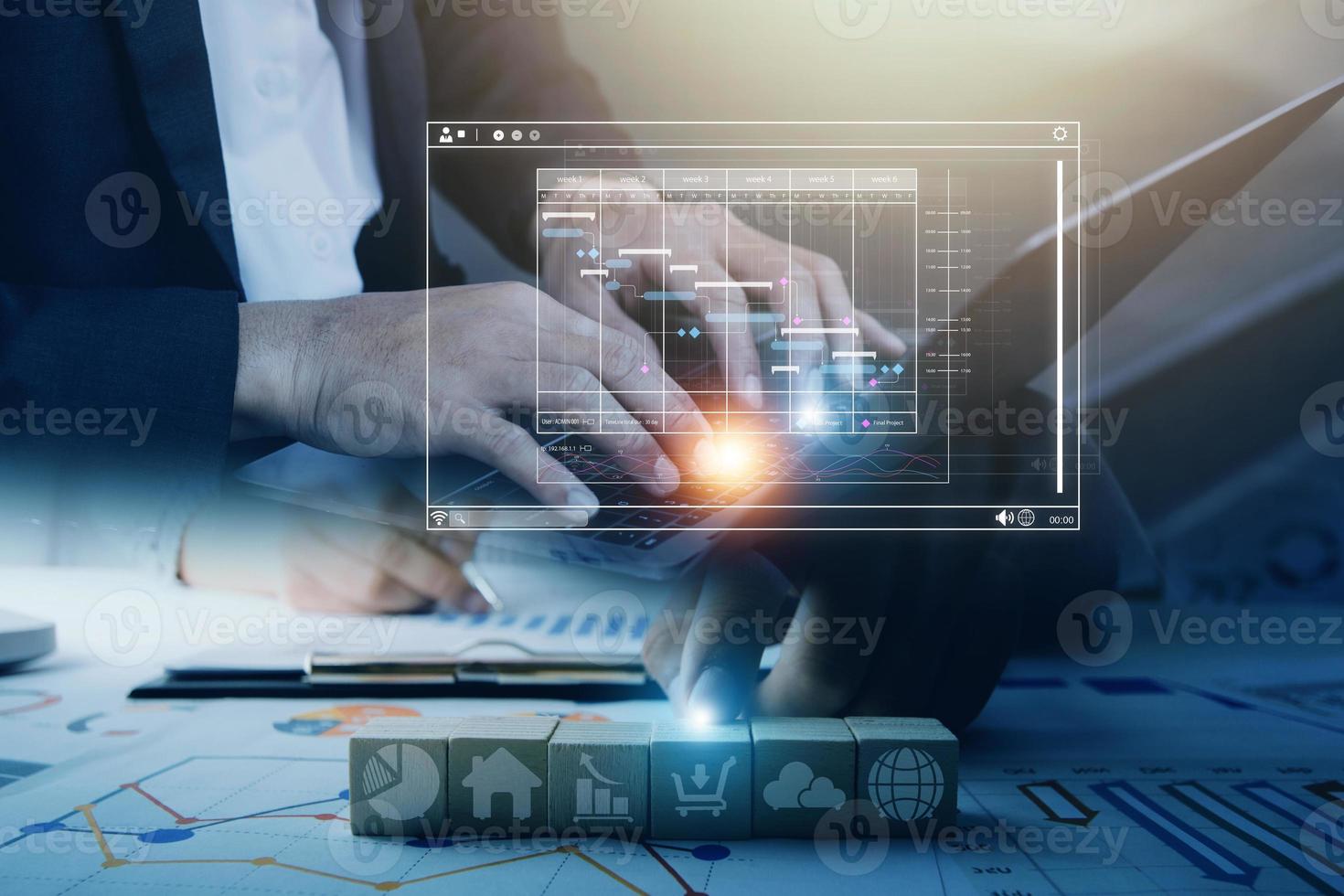 Analyst working with computer in Business Analytics and Data Management System to make report with KPI and metrics connected to database. Corporate strategy for finance, operations, sales, marketing. photo