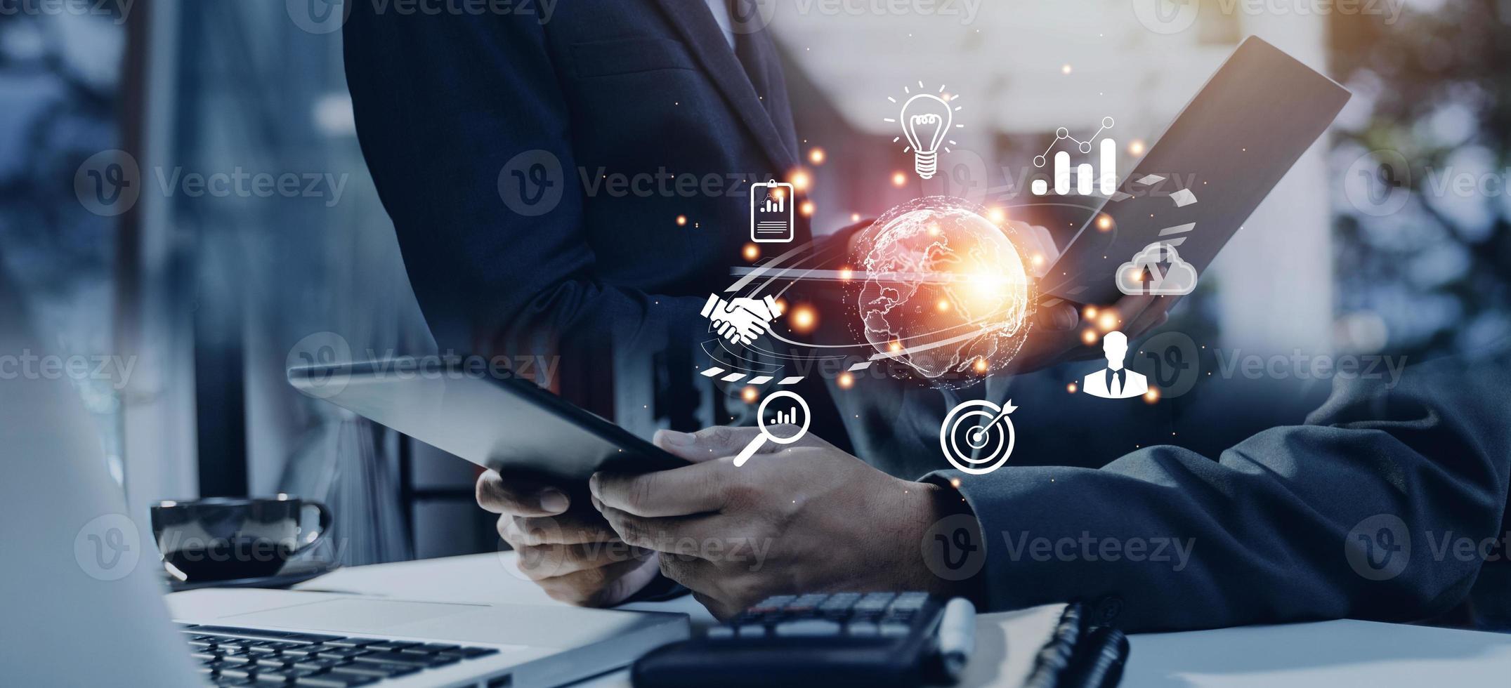 woman Hand holding virtual Global Internet connection metaverse. Business global internet connection application technology and digital marketing, Financial and banking, Digital link tech, big data. photo