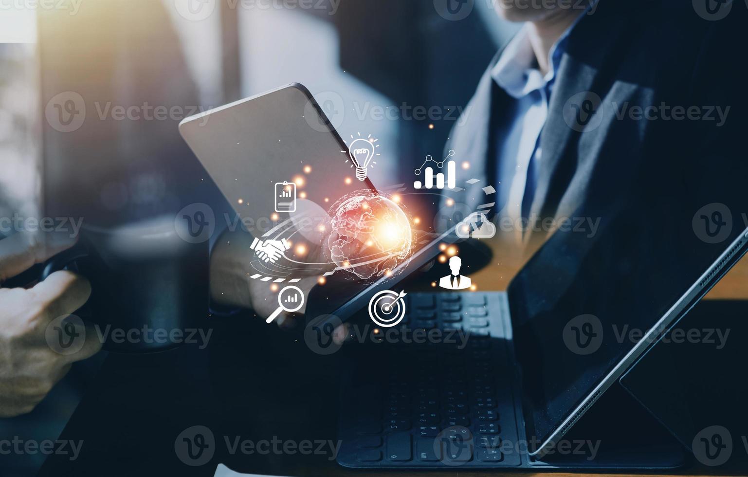woman Hand holding virtual Global Internet connection metaverse. Business global internet connection application technology and digital marketing, Financial and banking, Digital link tech, big data. photo