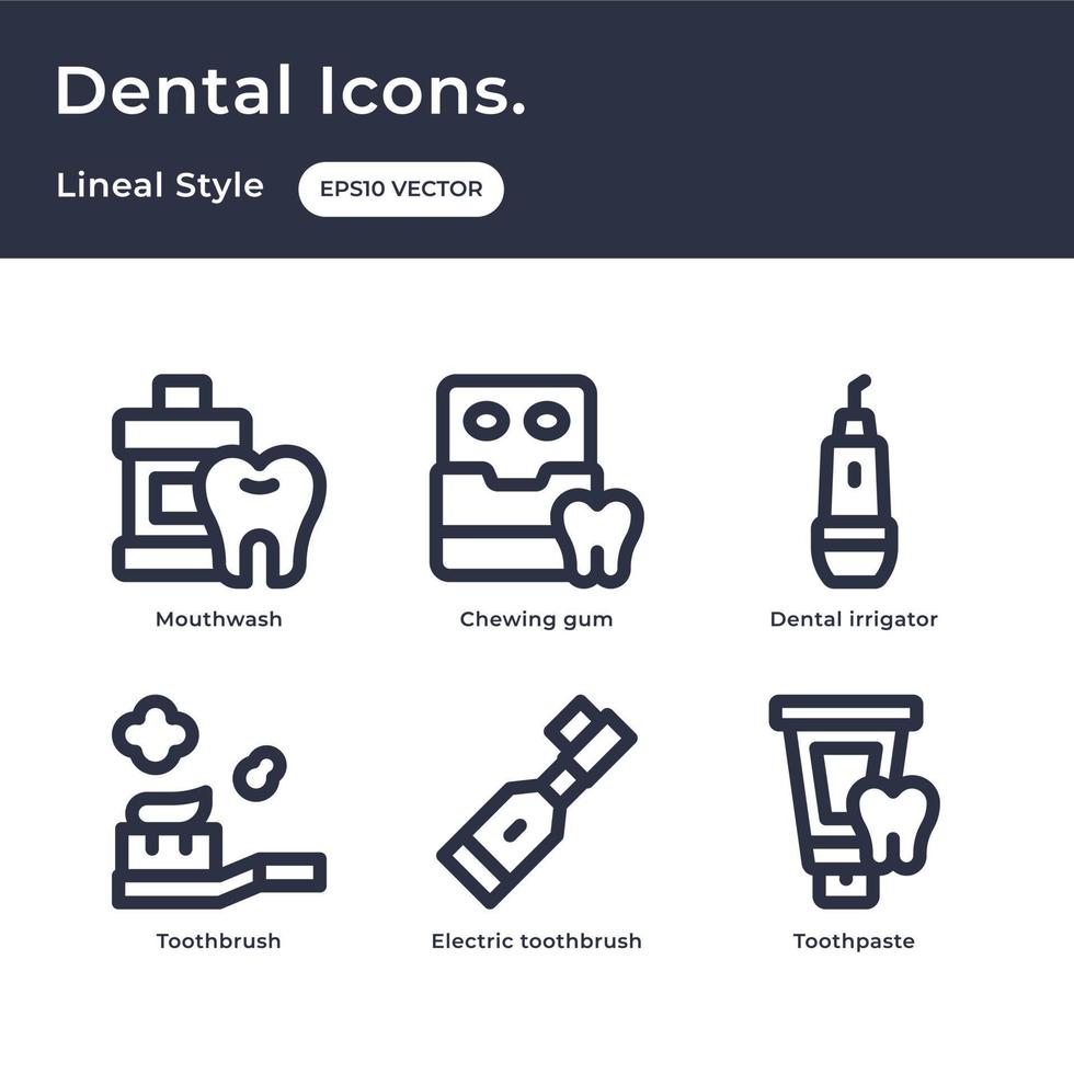 los íconos dentales describen el estilo con enjuague bucal, goma de mascar, irrigador dental, cepillo de dientes, pasta de dientes, cepillo de dientes eléctrico vector