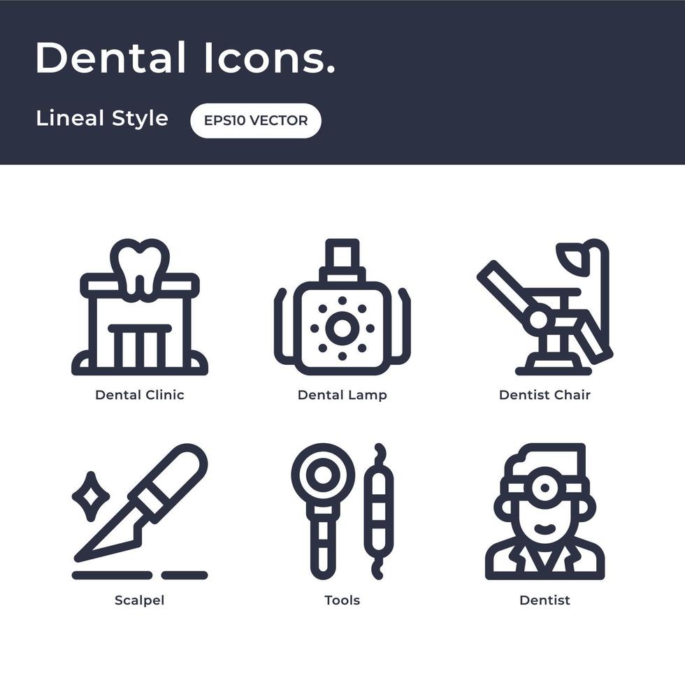 iconos dentales delinean estilo con clínica dental, lámpara dental, silla de dentista, bisturí, herramientas, dentista vector