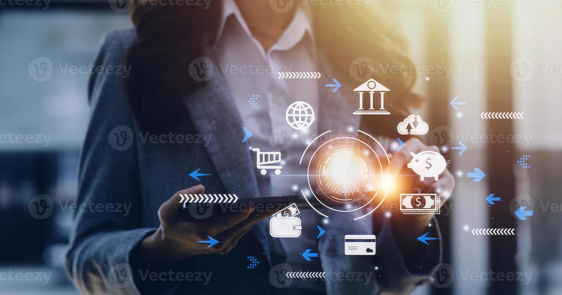 futuristic digital processing of biometric identification fingerprint scanner for access personal financial data. surveillance and security scanning of digital programs cyber futuristic applications photo
