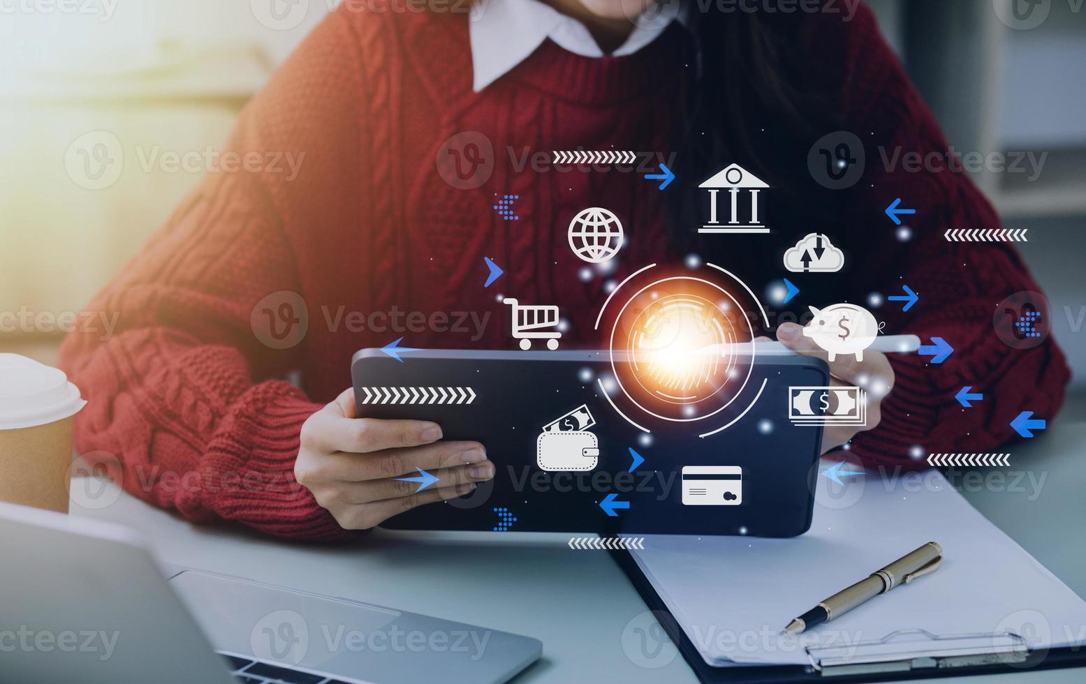 futuristic digital processing of biometric identification fingerprint scanner for access personal financial data. surveillance and security scanning of digital programs cyber futuristic applications photo