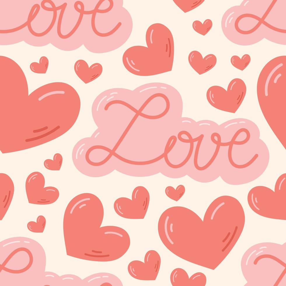 Vector cartoon seamless pattern with hearts and love lettering.