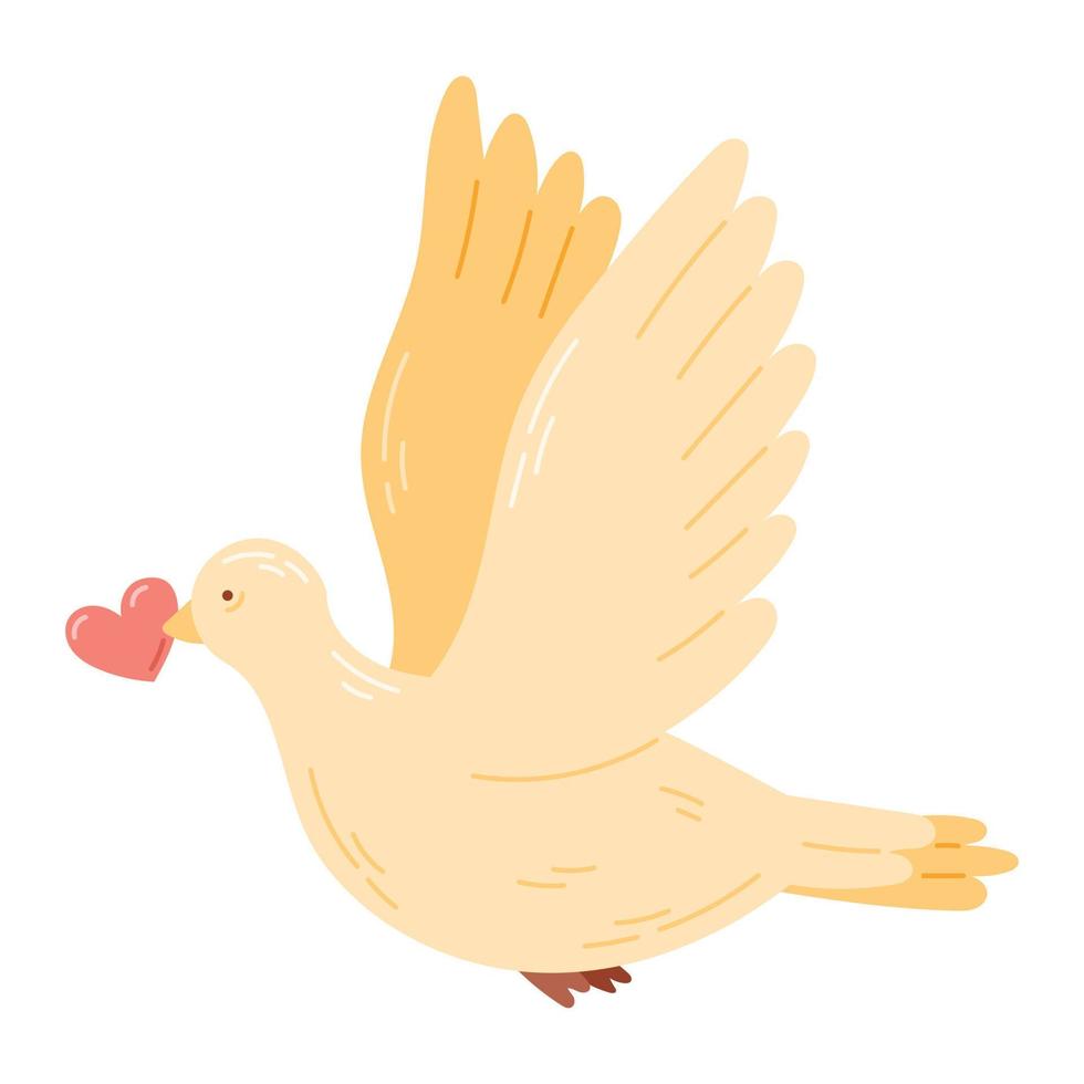 A dove with outstretched wings holding a heart in its beak. Vector isolated cartoon illustration.