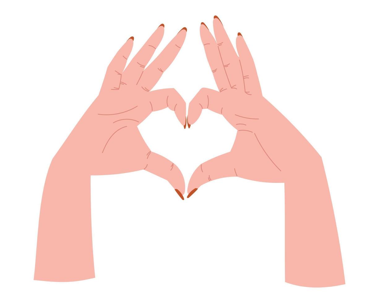 Manicured female hands making a heart shape with fingers. Vector isolated flat illustration.