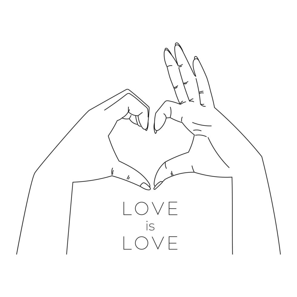 Line art hands making heart shape with fingers, vector banner with inscription love is love.