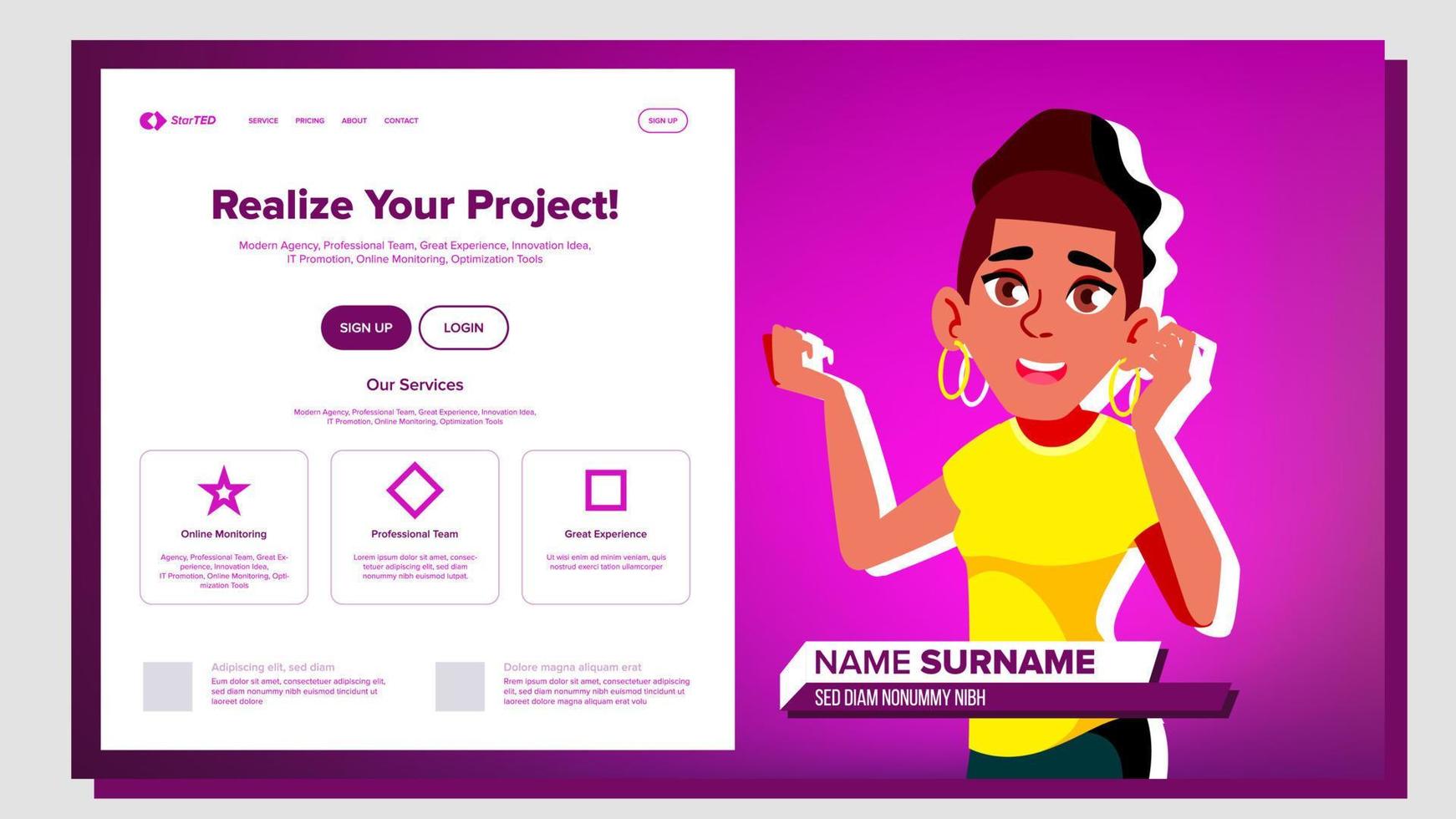 Self Presentation Vector. African American Female. Introduce Yourself Or Your Project, Business. Illustration vector