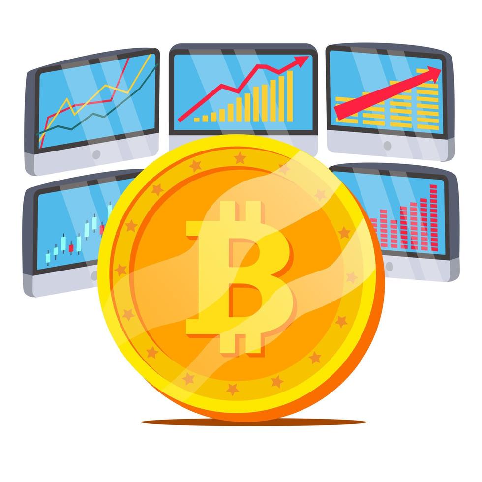 Bitcoin With Graph Diagram Vector. Trading Monitors And Trend. Digital Money. Cryptocurrency Investment Concept. Isolated On White Illustration vector