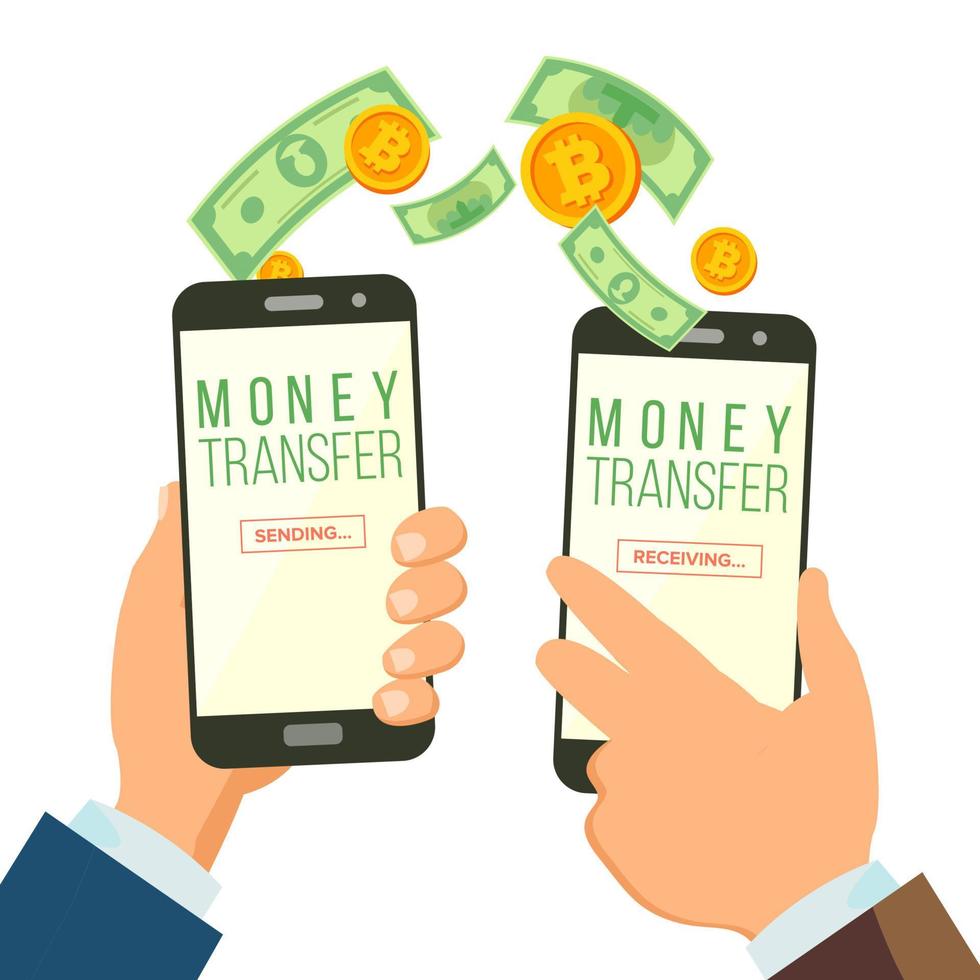 Mobile Money Transferring Banking Concept Vector. Hand Holding Smartphone. Dollar And Bitcoin. Wireless Finance Sending And Receiving. Modern Finance Economic. Isolated Illustration. vector