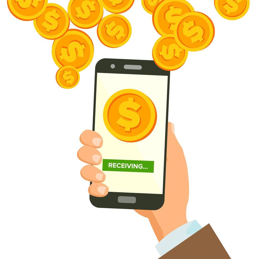 Mobile Dollar Receiving Concept Vector. Human Hand Banner. Wireless Dollar Finance Receiving Concept. Currency In Smartphone Application. Isolated Illustration vector