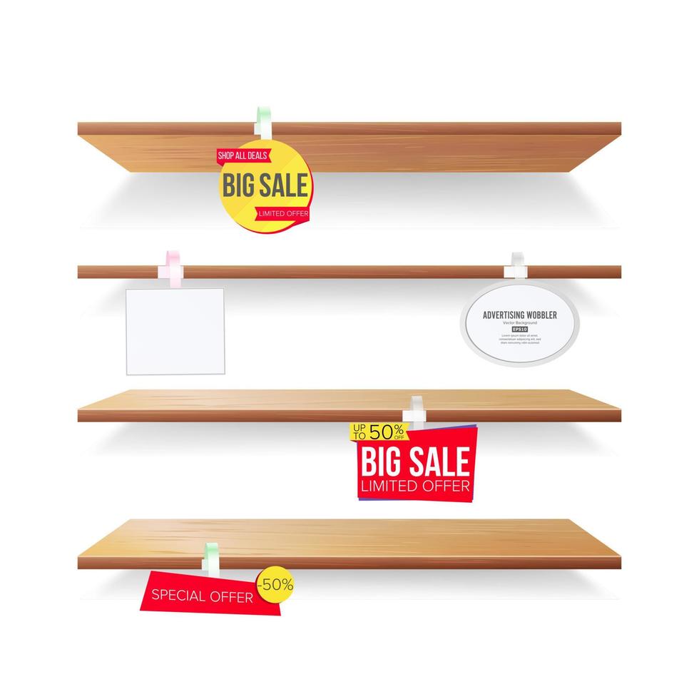 Empty Shelves, Advertising Wobblers Vector. Retail Concept. Discount Sticker. Sale Banners. Isolated Illustration vector