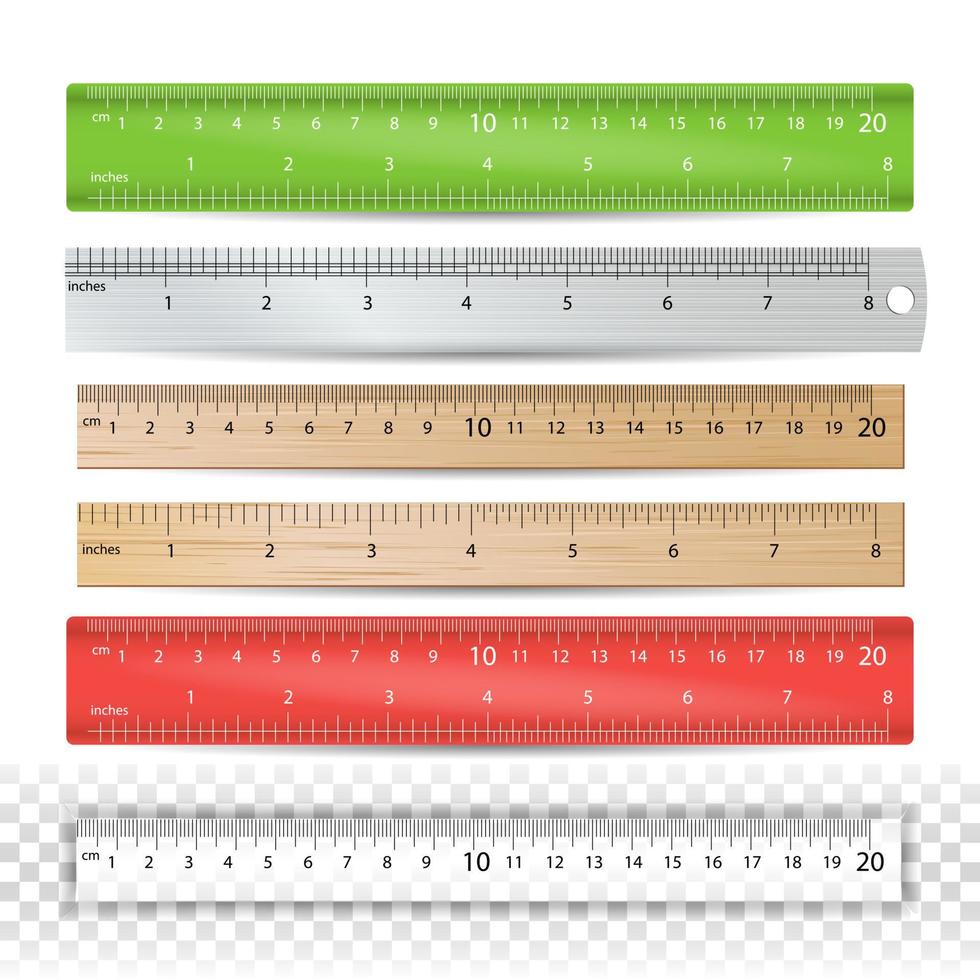 Color School Ruler Vector. Plastic, Wooden, Metal. Centimeters And Inches Scale. Stationery Ruler Tool. Isolated Illustration vector