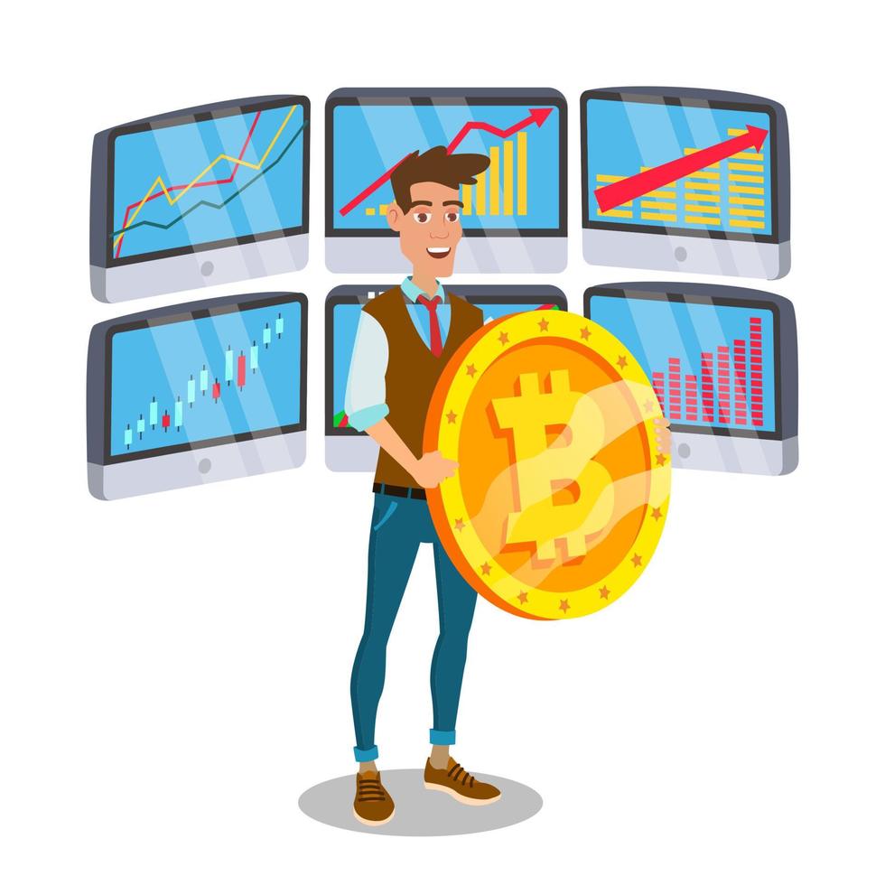 Businessman Standing With Big Bitcoin Sign Vector. Trading Monitors And Trend. Digital Money. Cryptocurrency Investment Concept. Isolated On White Illustration vector