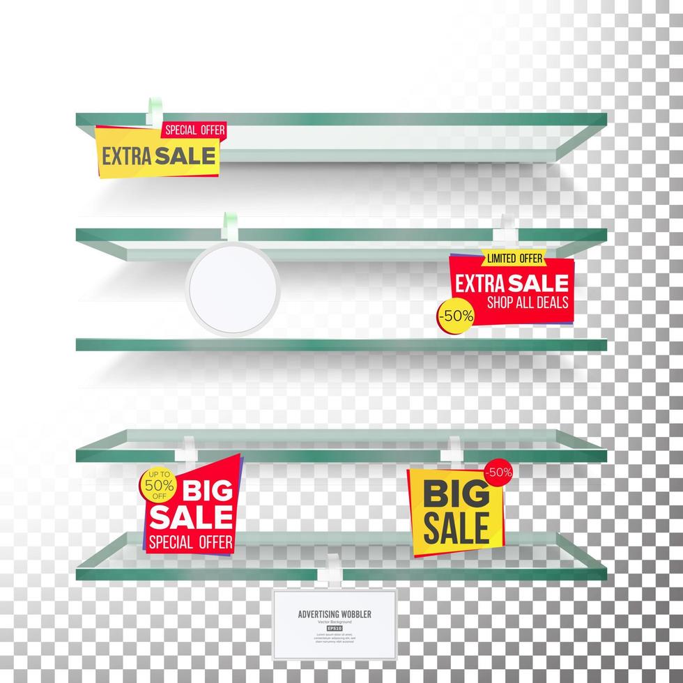 Empty Supermarket Shelves, Wobblers Vector. Price Tag Labels. Selling Card. Discount Sticker. Sale Banners. Isolated Illustration vector