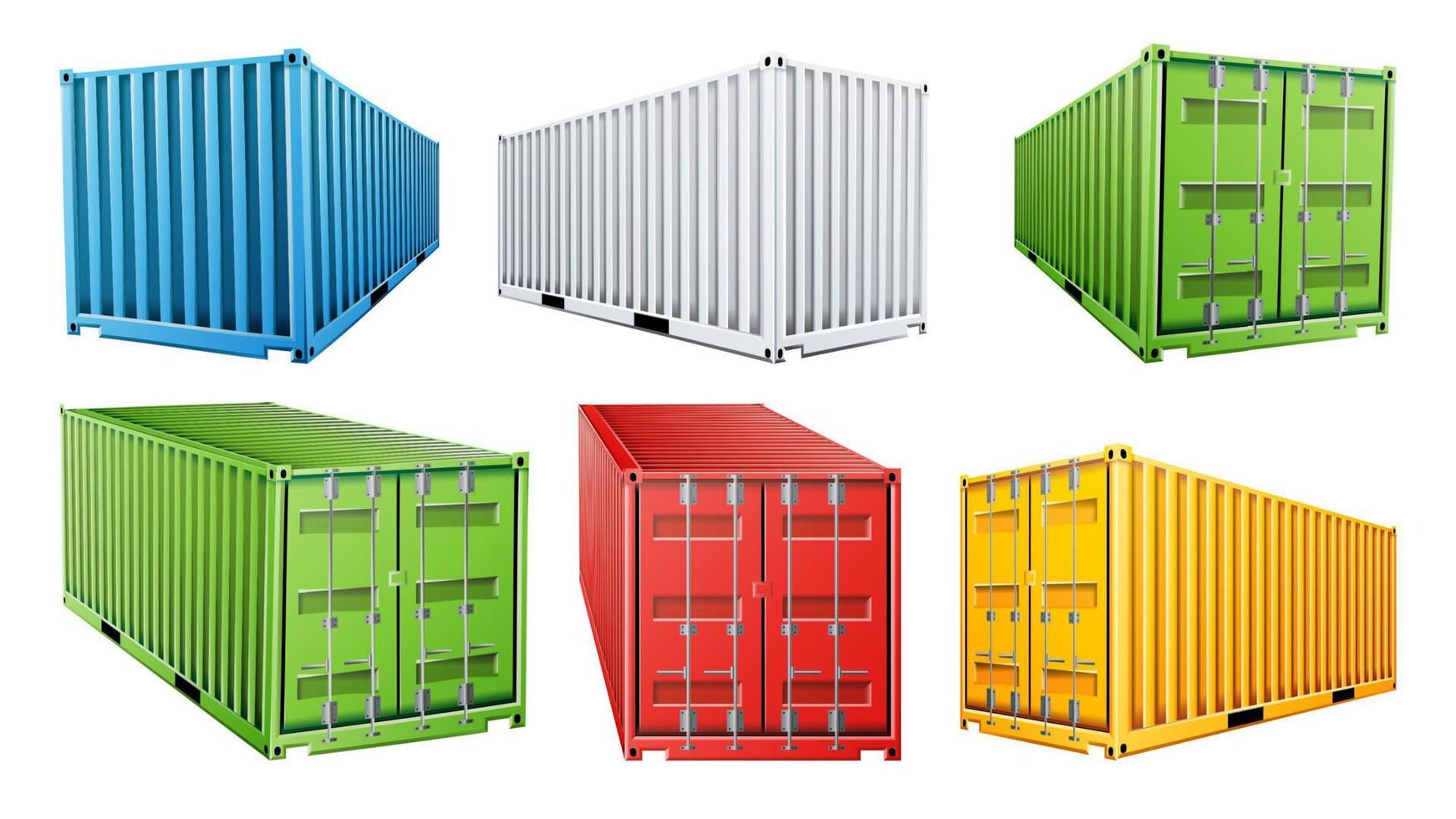 3D Shipping Cargo Container Set Vector. Blue, Red, Green, White, Yellow. Freight Shipping Container Concept. Logistics, Transportation. Isolated On White Background Illustration vector