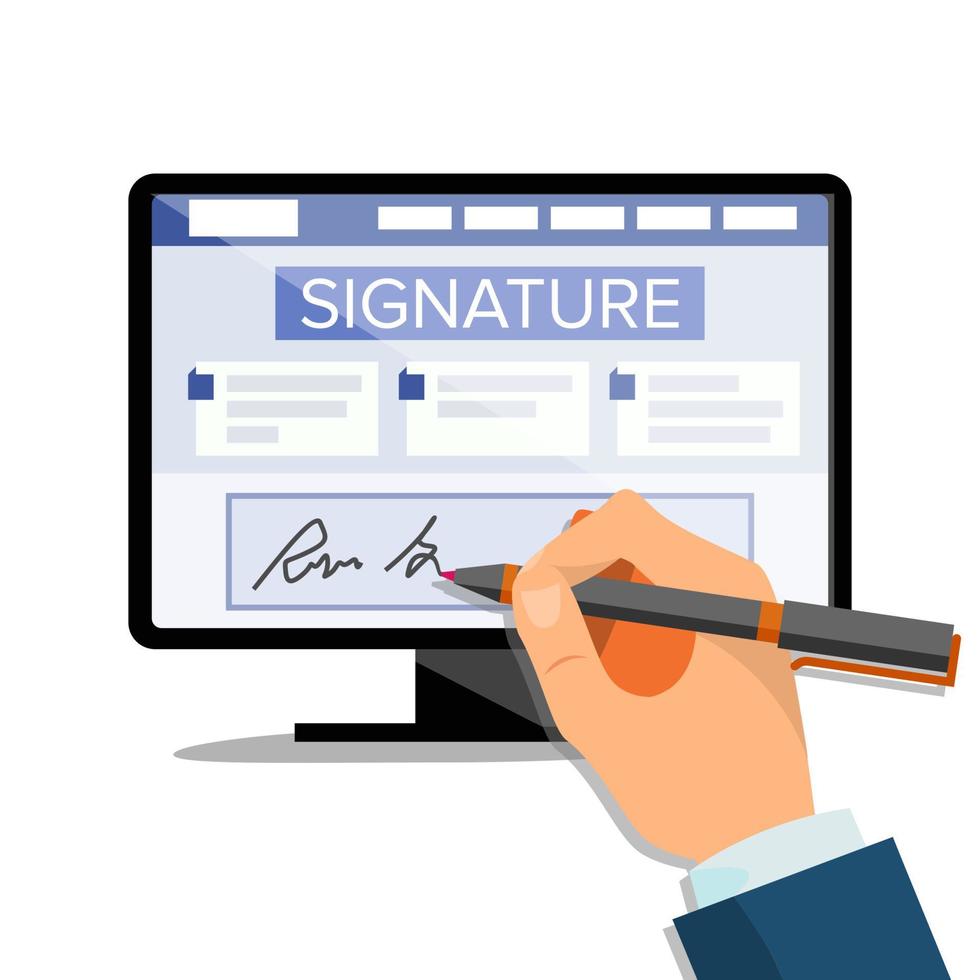 Electronic Signature Vector. Finance Digital Document. Electronic Contract. Computer. Businessman Hands. Isolated Flat Illustration vector