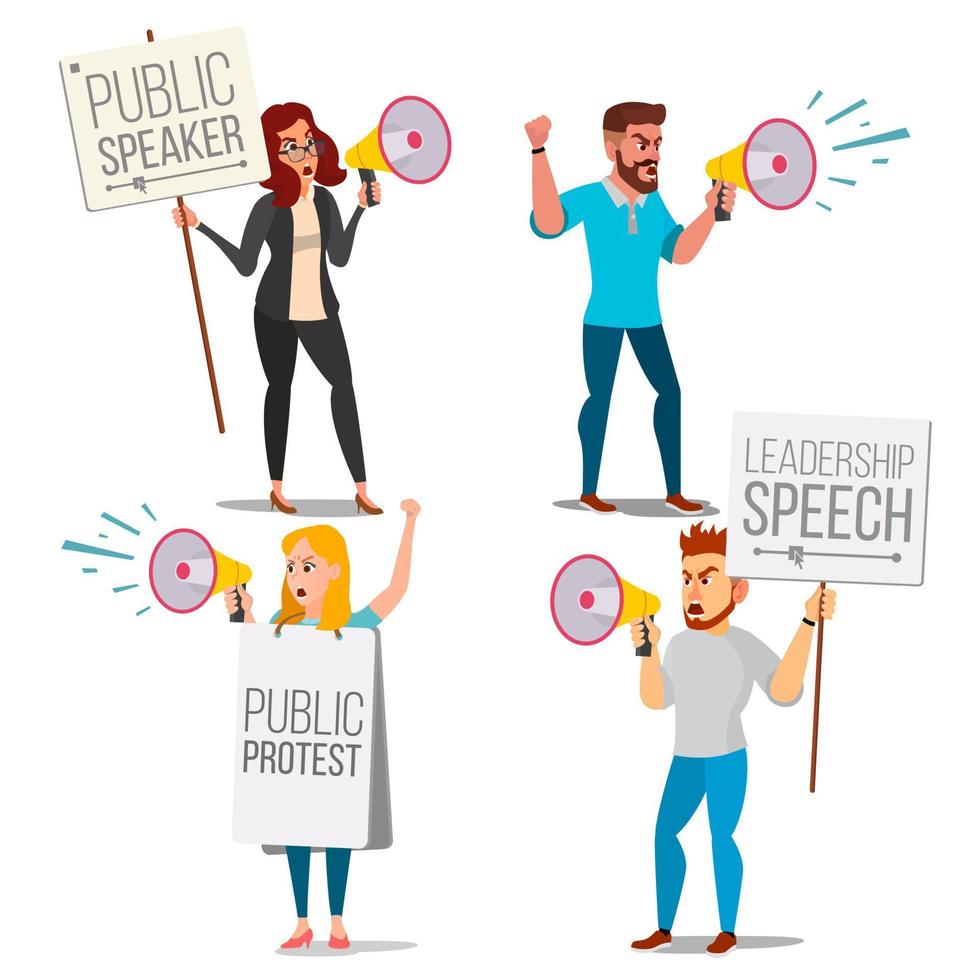 People Shouting Through Loud Speaker Vector. Leadership Speech. People On Strike. Demonstration Concept. Isolated Flat Cartoon Illustration vector