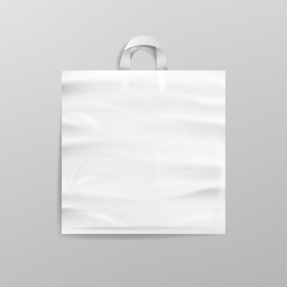 White Empty Reusable Plastic Shopping Bag With Handles. Close Up Mock Up. Vector Illustration