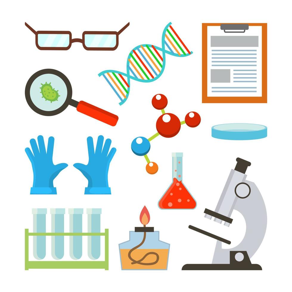 Laboratory Equipment Set Vector. Science Accessories. Glasses, Dna, Structure, Molecule, Notepad, Petri, Bowl, Gloves, Bulb, Test Tube, Microscope. Isolated Flat Cartoon Illustration vector