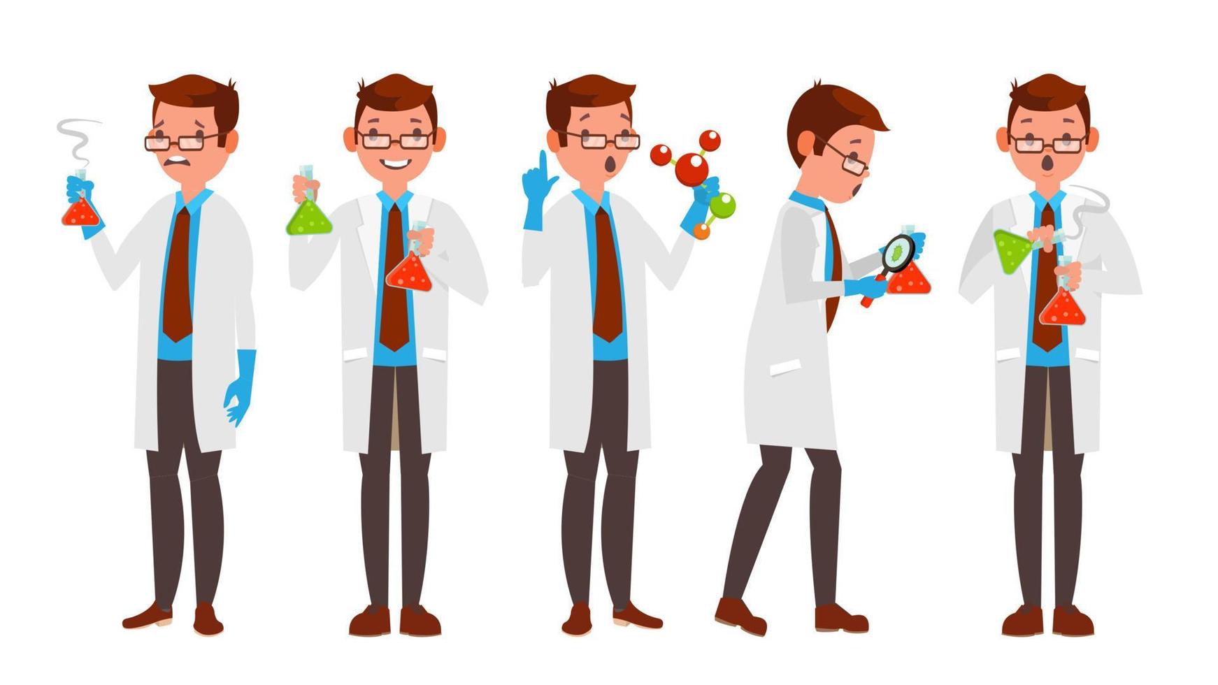 Scientist Character Vector. Friendly Funny Professor. Chemistry Laboratory Specialists. Isolated Flat Cartoon Illustration vector