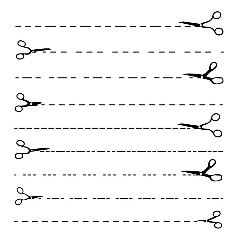 vector de línea de tijera. establecer líneas de corte punteadas. siluetas de tijera negra. cortar el borde de cultivo. plantilla de recorte cuchilla artesanal. ilustración aislada