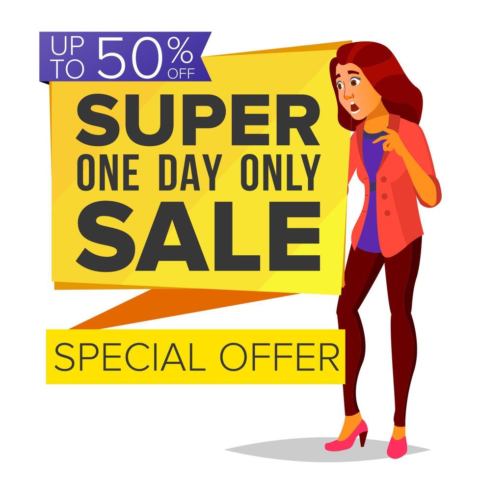 Shopping Woman Vector. Big Discount. Super Sale. Special Offer. Pleasure Of Purchase. Store. Surprised, Shocked. Joyful Female. Business Isolated Cartoon Illustration vector