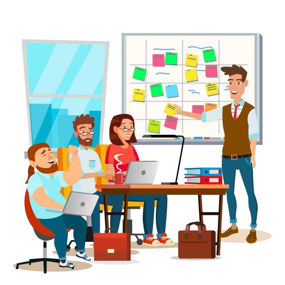 Business Characters Scrum Team Work Vector. Office Tasks Process. Scrum Planning Board. Whiteboard And Process Teamwork. Programming And Planning. Scheme Methodology. Flat Cartoon Illustration vector