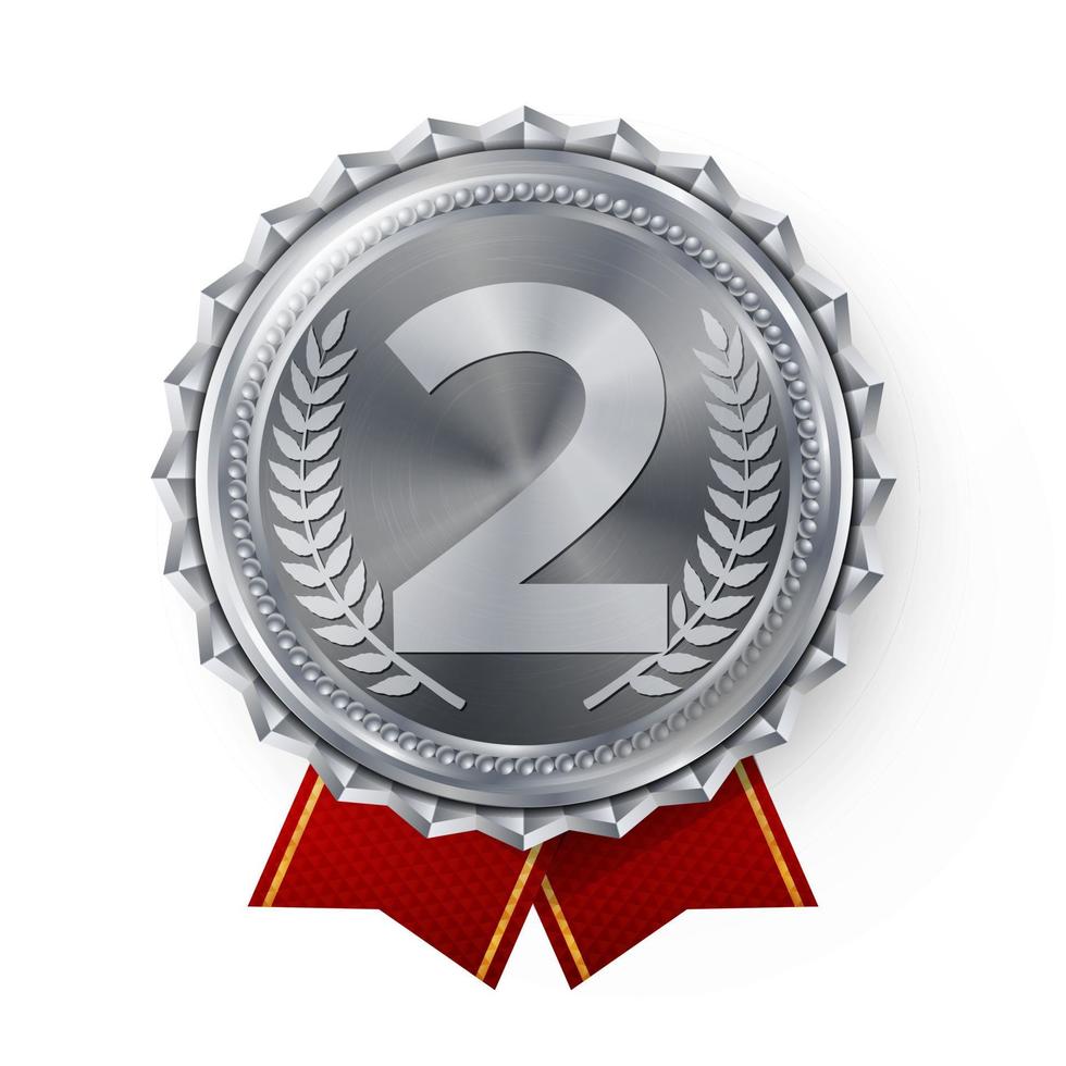Silver Medal Vector. Best First Placement. Winner, Champion, Number One. 2nd Place Achievement. Metallic Winner Award. Red Ribbon. Isolated On White Background. Realistic Illustration. vector