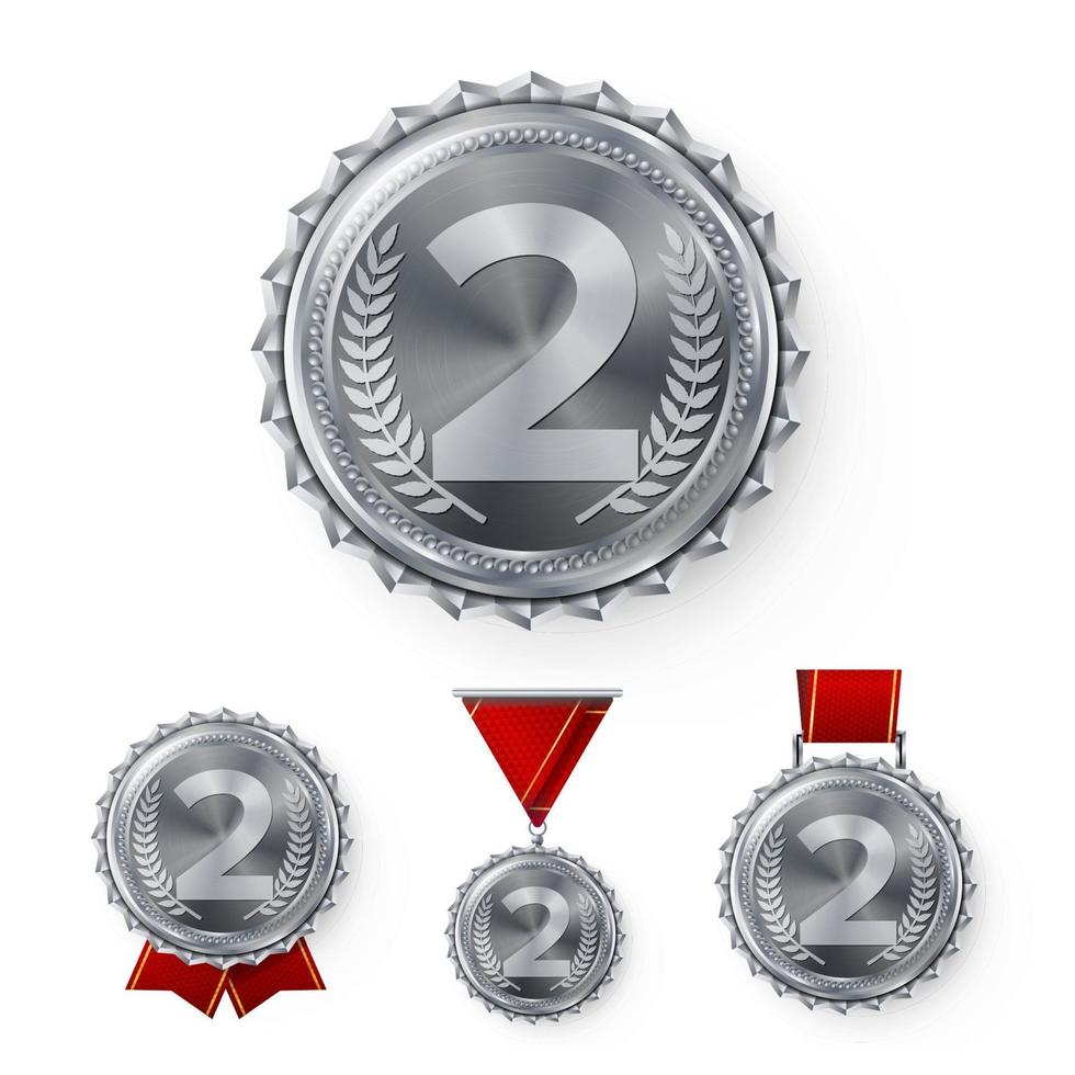 Champion Silver Medals Set Vector. Metal Realistic 2nd Placement Winner Achievement. Number Two. Round Medal With Red Ribbon. Relief Detail. Best Challenge Award. Sport Competition Game Chrome Trophy vector