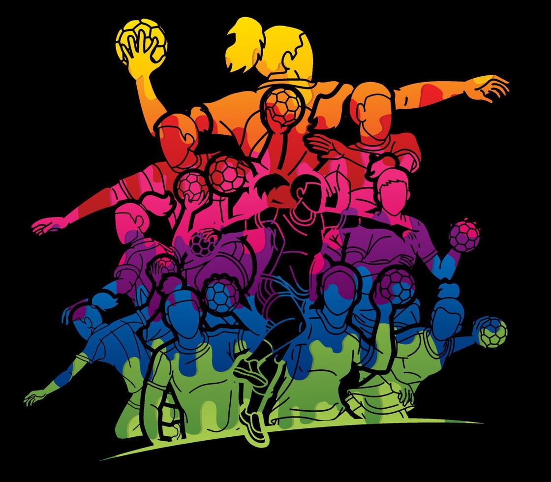 Group of Handball Sport Female Players Mix Action Cartoon Graphic Vector