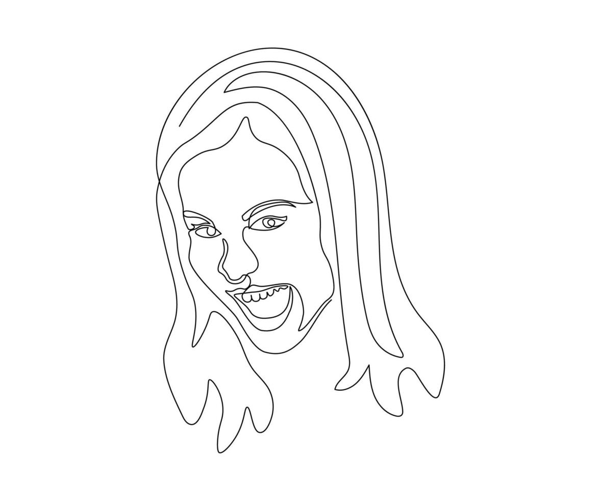 a woman screams, swears, gets angry, yells, scares, angry, hand drawn, continuous monoline, one line art vector